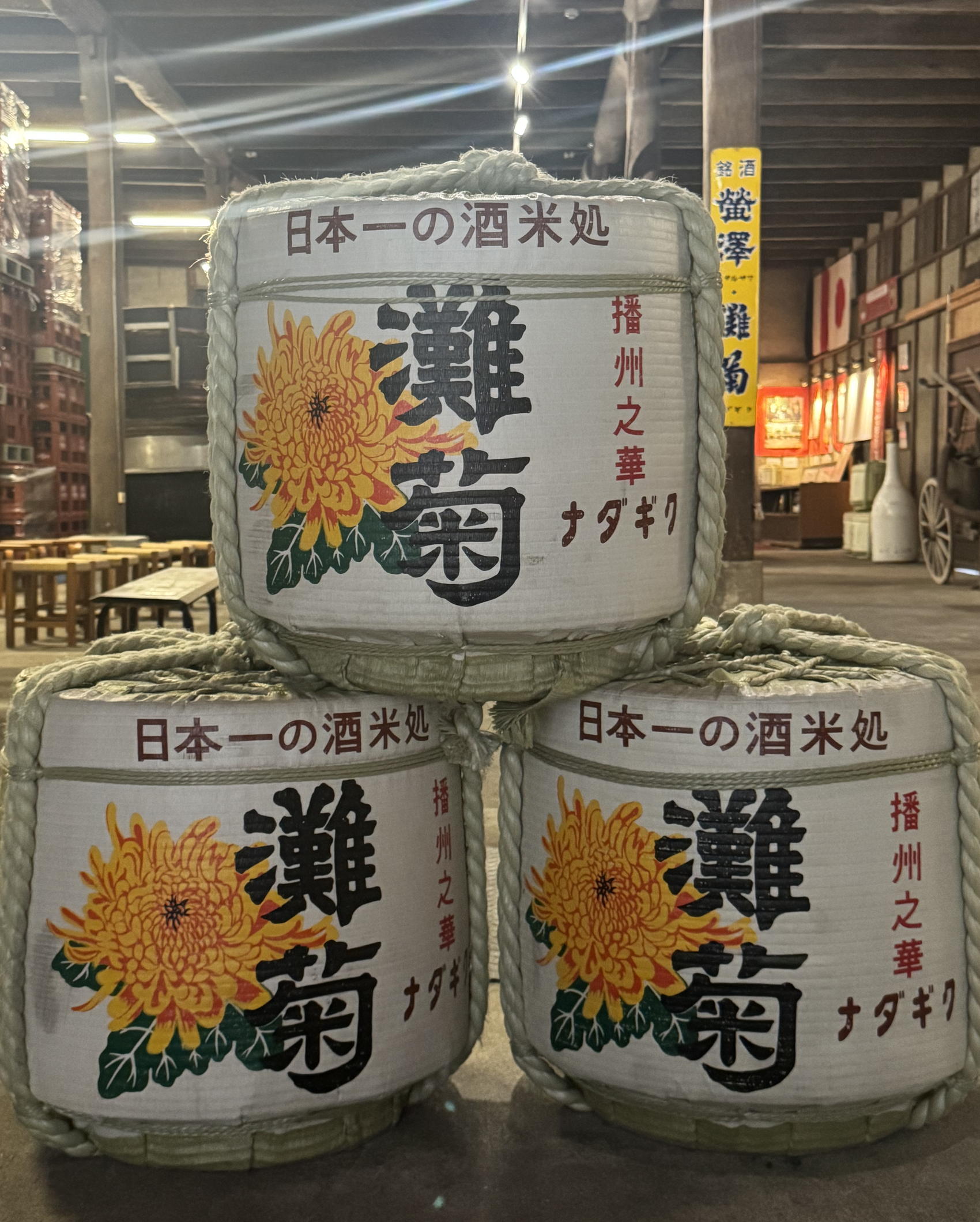 Inside the Nadagiku kura in Himeji: three straw-wrapped sake barrels stacked in a pyramid, each painted with a yellow chrysanthemum and the Nadagiku name, with the brewery running back behind them